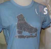 BLUE T Shirt with Ice Skate in Silver Glitter with rhinestones